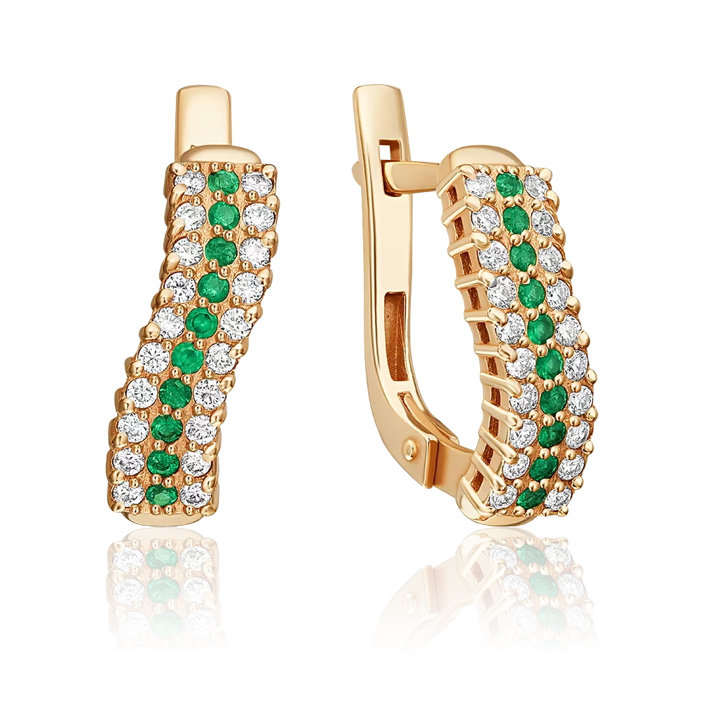 Серьги с английским замком из красного золота с бриллиантами и изумрудами 02-0630-00-106-1110-30