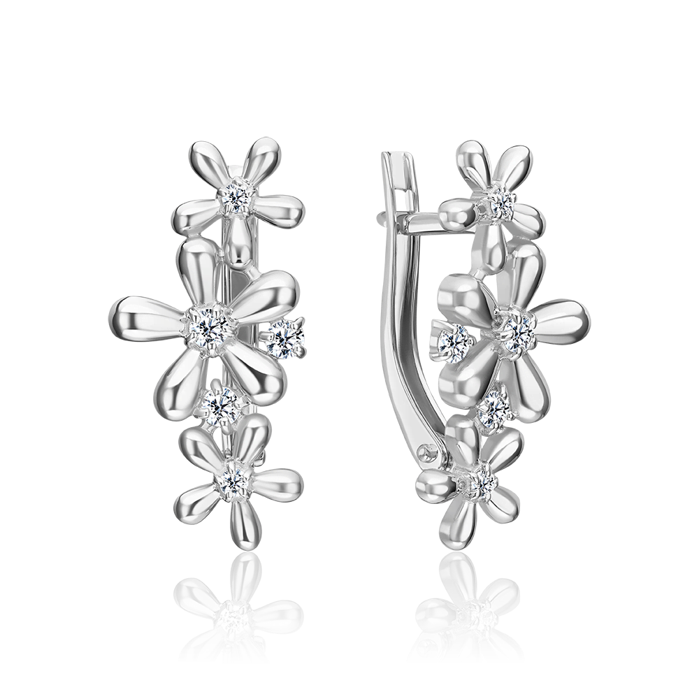 Серьги «Ромашки» с английским замком из серебра с фианитами 02-5527-00-401-0200