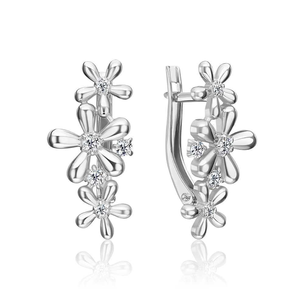 Серьги «Ромашки» с английским замком из серебра с фианитами 02-5527-00-401-0200