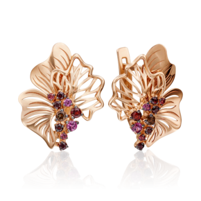 Серьги «Цветы» с английским замком из красного золота с гранатами и кварцем дымчатым 02-4037-01-705-1110-57
