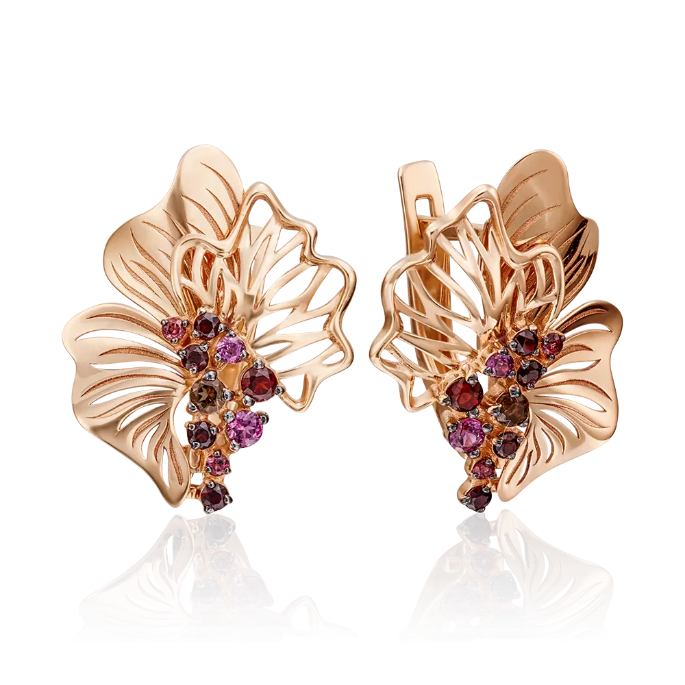 Серьги «Цветы» с английским замком из красного золота с гранатами и кварцем дымчатым 02-4037-01-705-1110-57