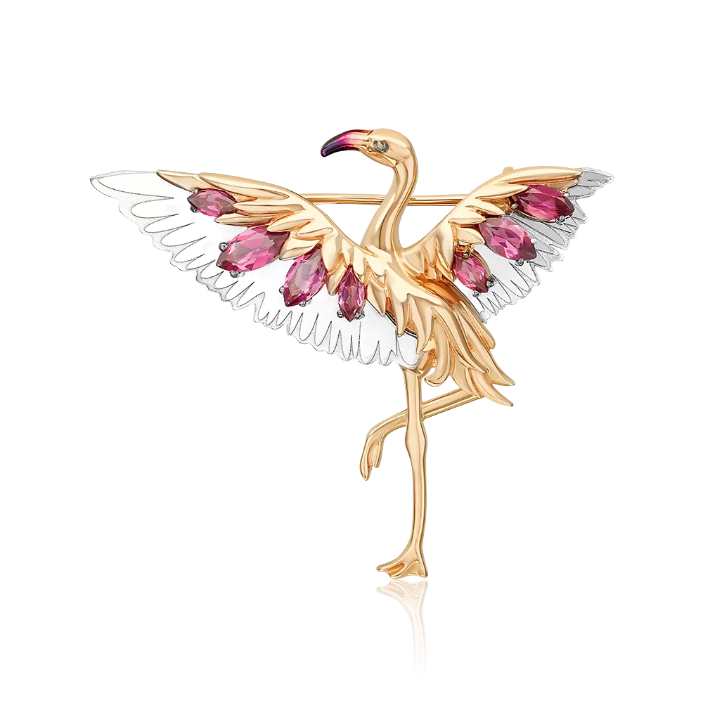 Брошь «Розовый фламинго» из комбинированного золота с гранатми и эмалью 04-0301-00-204-1111