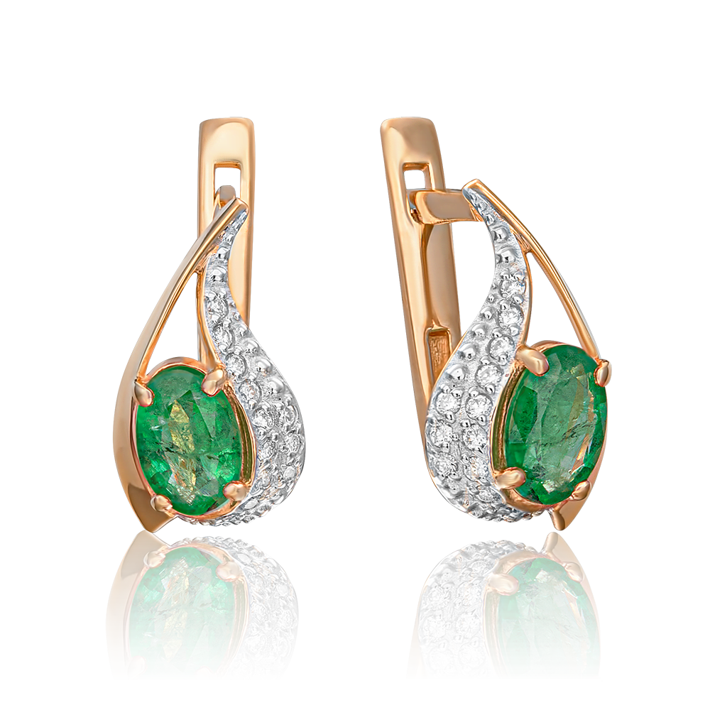 Серьги с английским замком из красного золота с изумрудом и бриллиантами 02-0673-00-106-1110-30