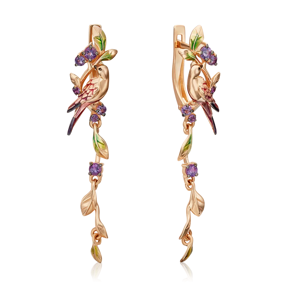 Серьги «Райский сад» с английским замком из красного золота с аметистами и эмалью 02-4604-00-203-1110-57