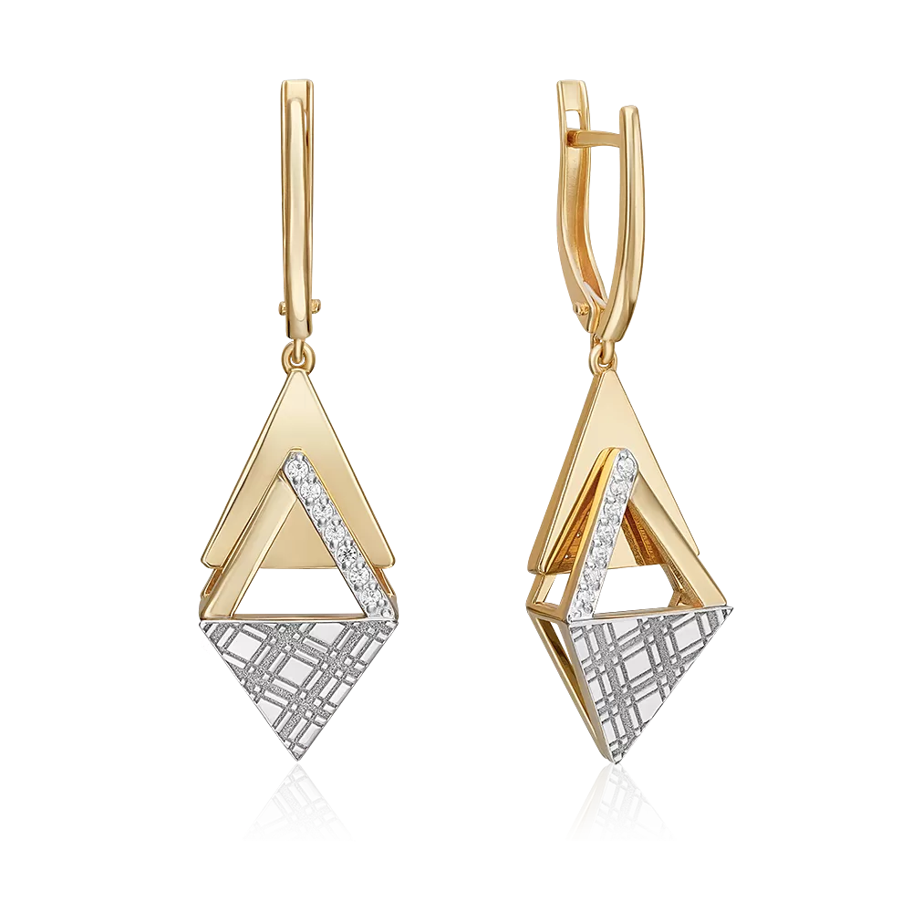 Серьги с принтом «Клетка» из комбинированного золота с фианитами 02-5186-00-401-1121