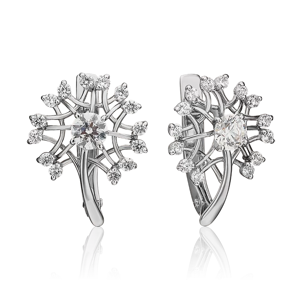 Серьги «Одуванчики» с английским замком из белого золота с фианитами 02-4552-00-501-1120-38