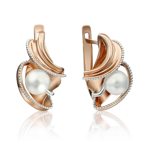 Серьги с английским замком из красного золота с жемчугом культивированным 02-4195-00-301-1110-31