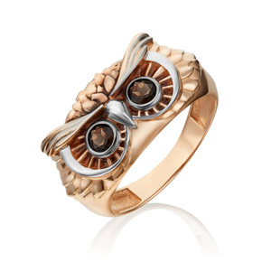 Кольцо «Сова» из красного золота с кварцем дымчатым и эмалью 01-5355-00-202-1110-57
