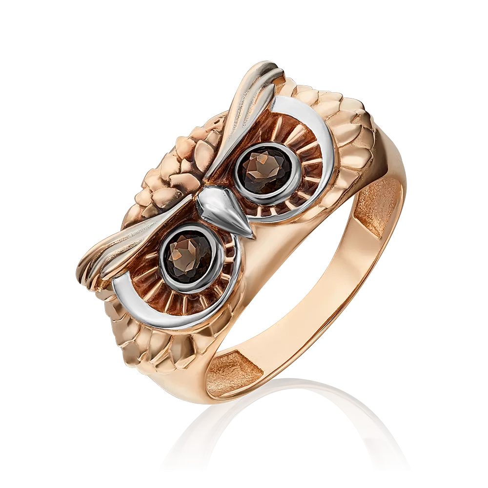 Кольцо «Сова» из красного золота с кварцем дымчатым и эмалью 01-5355-00-202-1110-57