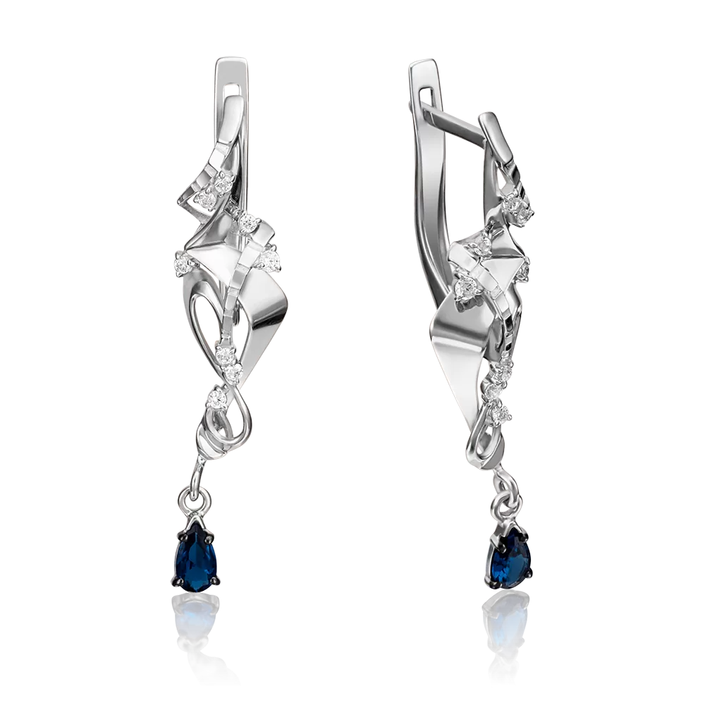 Серьги с английским замком из белого золота с сапфиром и бриллиантами 02-4232-00-105-1120-30