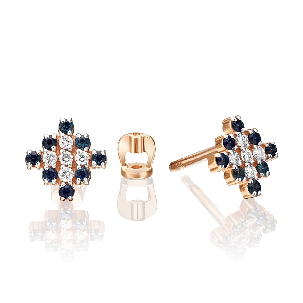Серьги-пусеты из красного золота с бриллиантами и сапфирами 02-0361-00-105-1110-30