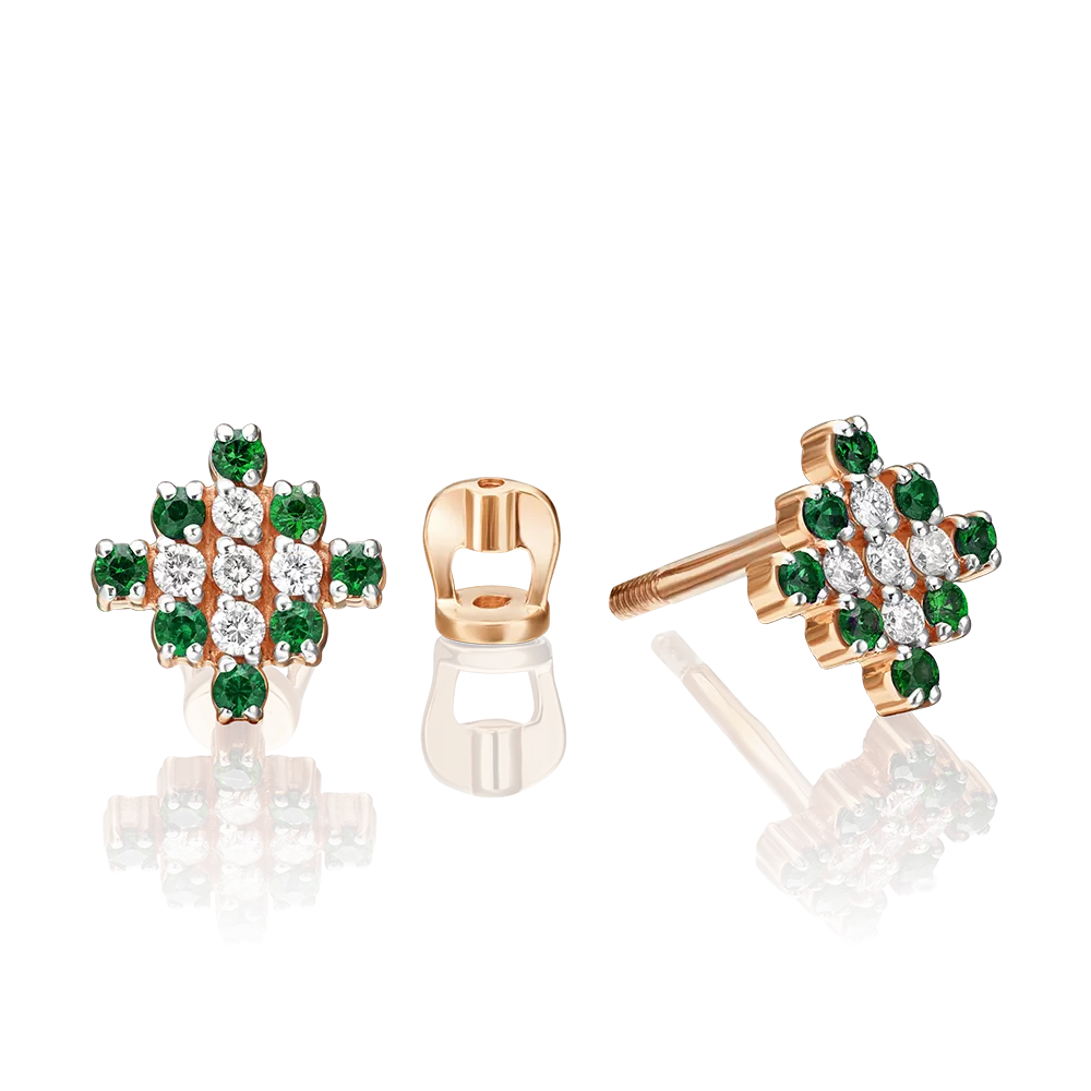 Серьги-пусеты из красного золота с бриллиантами и изумрудами 02-0361-00-106-1110-30