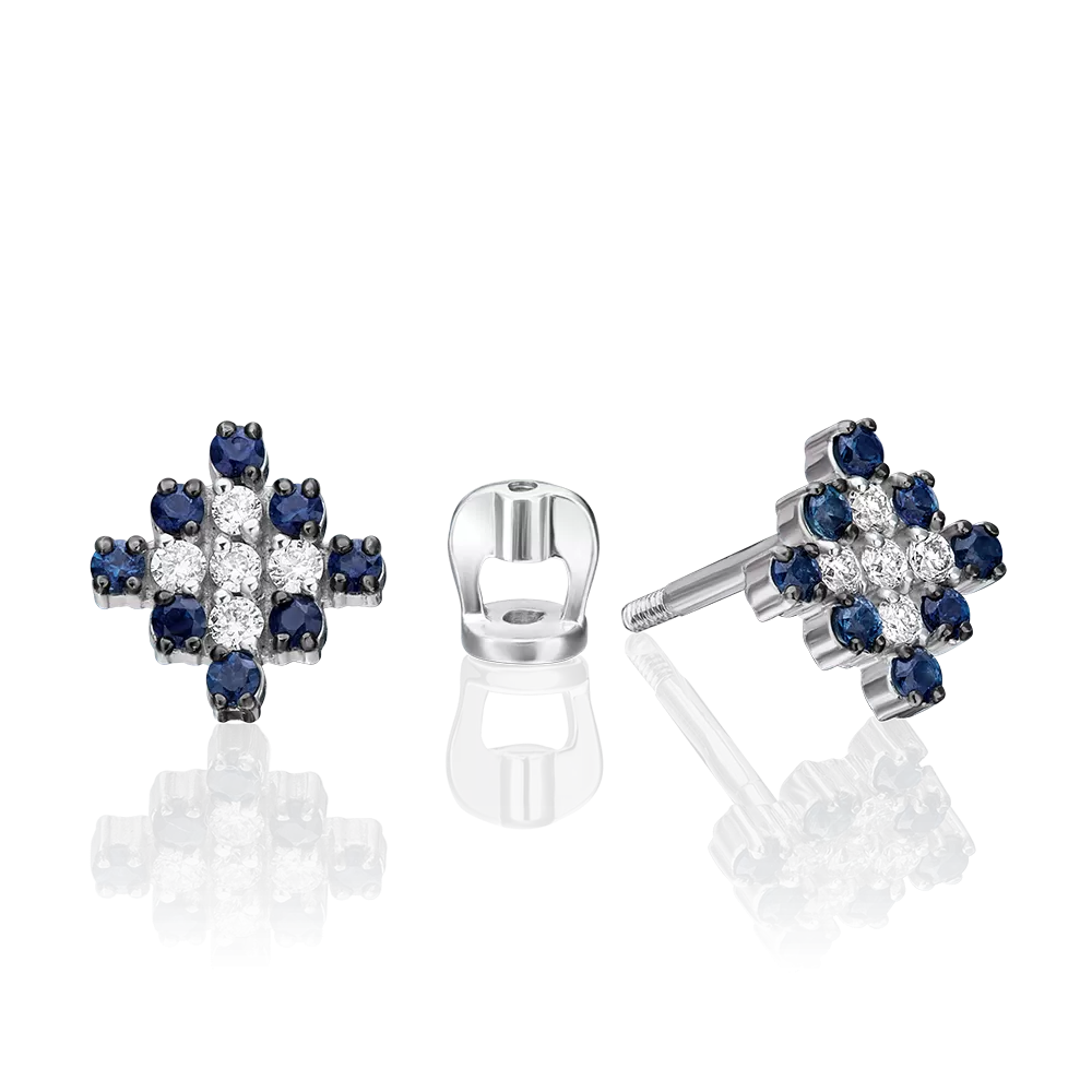 Серьги-пусеты из белого золота с бриллиантами и сапфирами 02-0362-00-105-1120-30