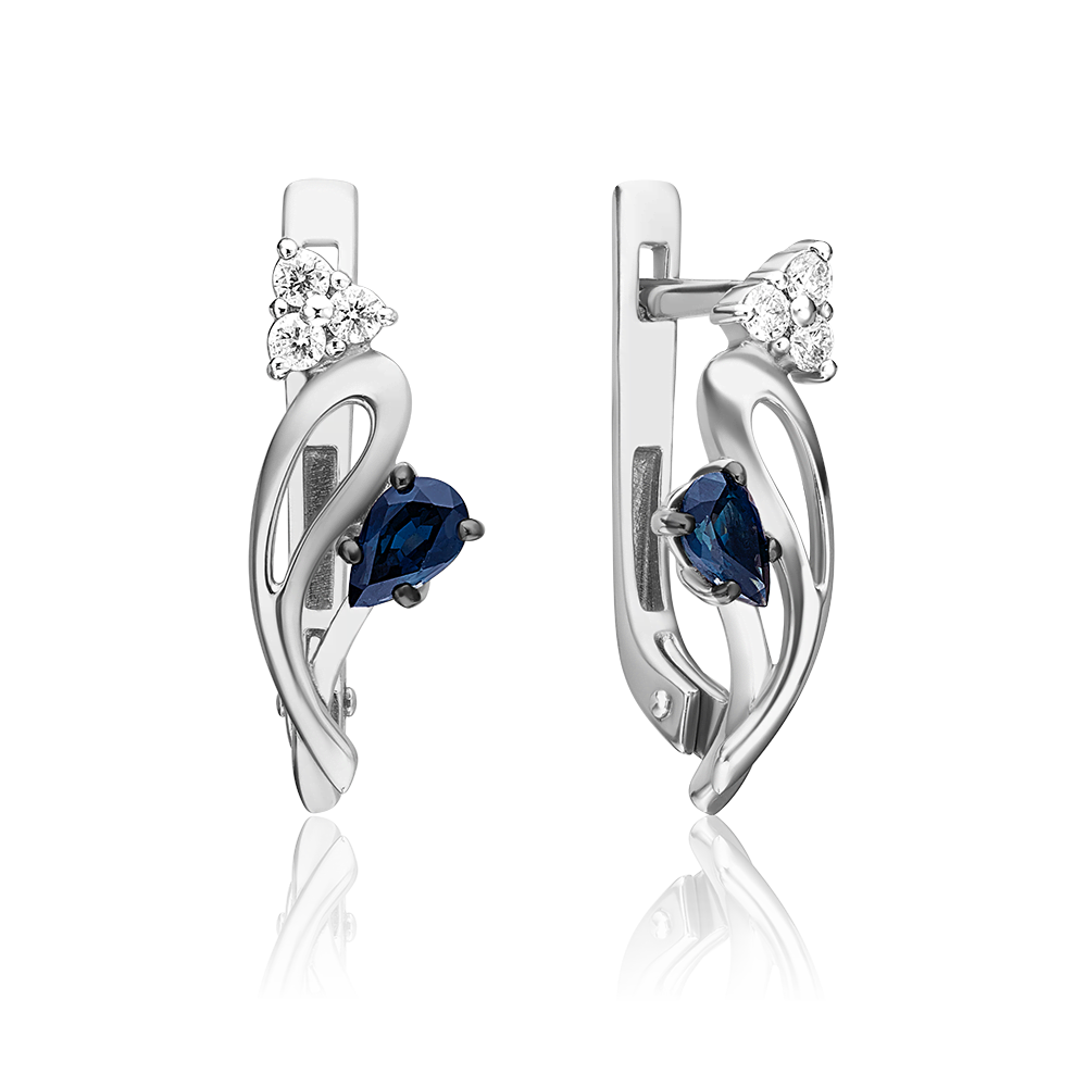 Серьги с английским замком из белого золота с сапфиром и бриллиантами 02-0376-00-105-1120-30