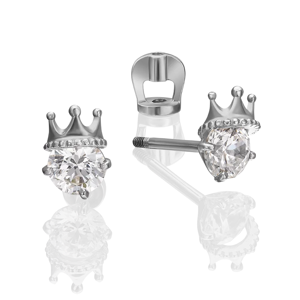 Серьги-пусеты «Короны» из белого золота с фианитом 02-4306-00-501-1120-38