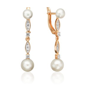 Серьги с английским замком из красного золота с жемчугом культивированным и фианитами 02-5607-00-302-1110