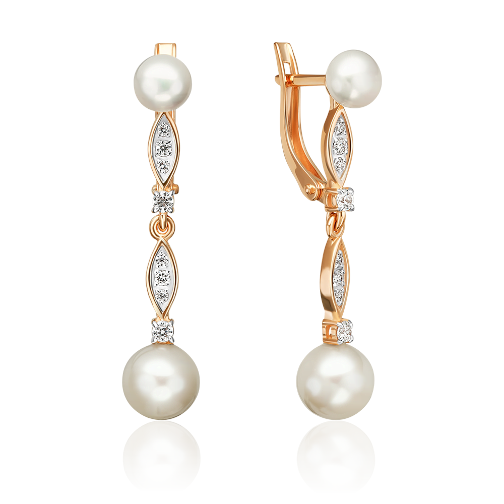 Серьги с английским замком из красного золота с жемчугом культивированным и фианитами 02-5607-00-302-1110