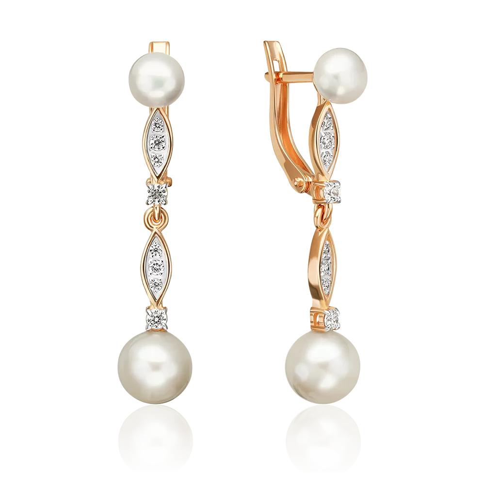 Серьги с английским замком из красного золота с жемчугом культивированным и фианитами 02-5607-00-302-1110