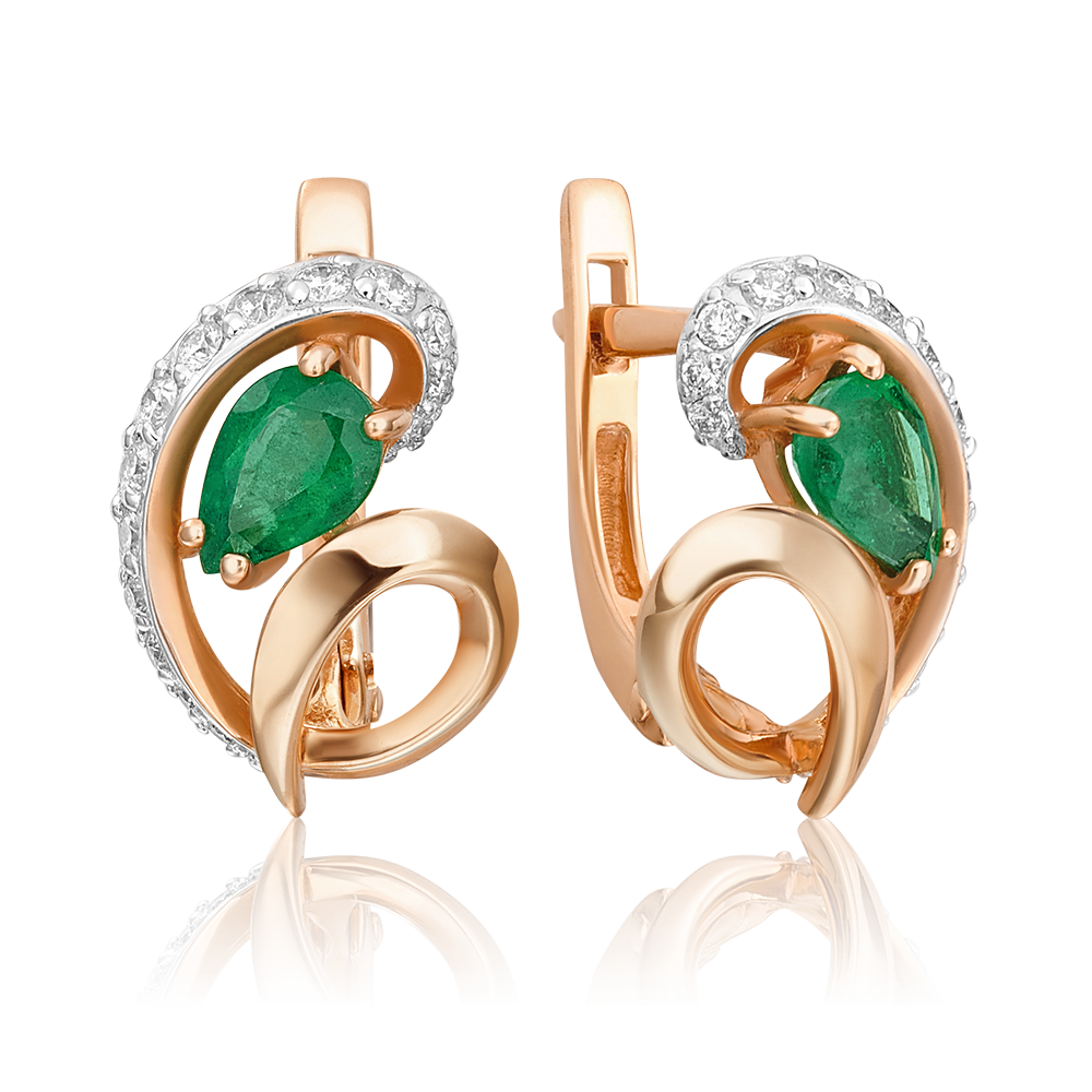 Серьги с английским замком из красного золота с изумрудом и бриллиантами 02-0965-00-106-1110-30