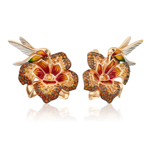 Серьги «Колибри» с английским замком из красного золота с фианитами и эмалью 02-3681-00-404-1110-53