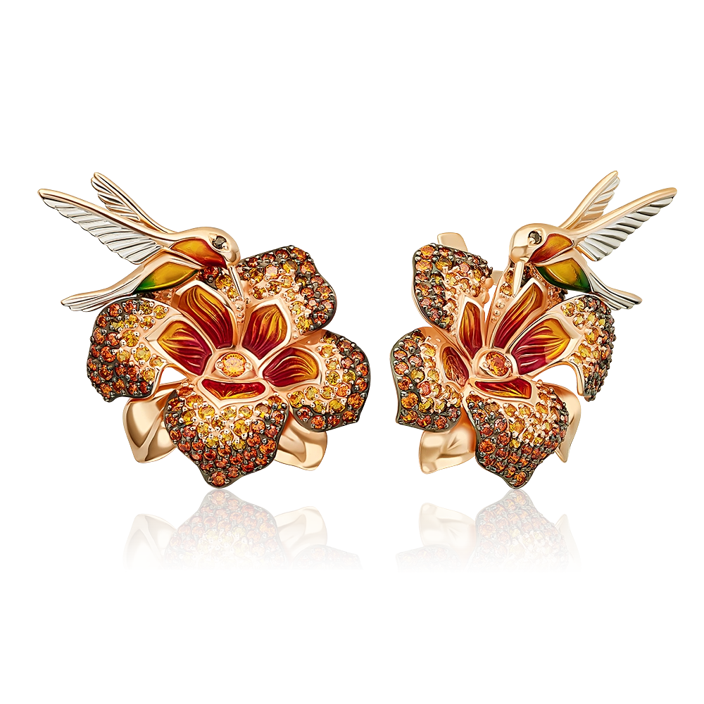 Серьги «Колибри» с английским замком из красного золота с фианитами и эмалью 02-3681-00-404-1110-53