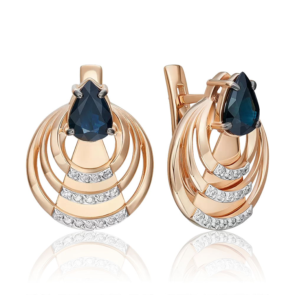 Серьги с английским замком из красного золота с сапфиром и бриллиантами 02-5207-00-105-1110