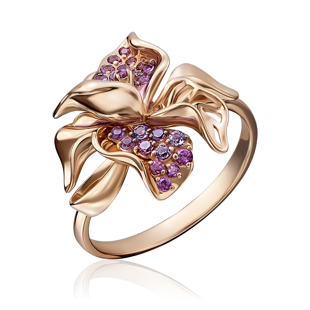 Кольцо «Гибискус» из красного золота с гранатами, аметистами и эмалью 01-5108-00-257-1110-57