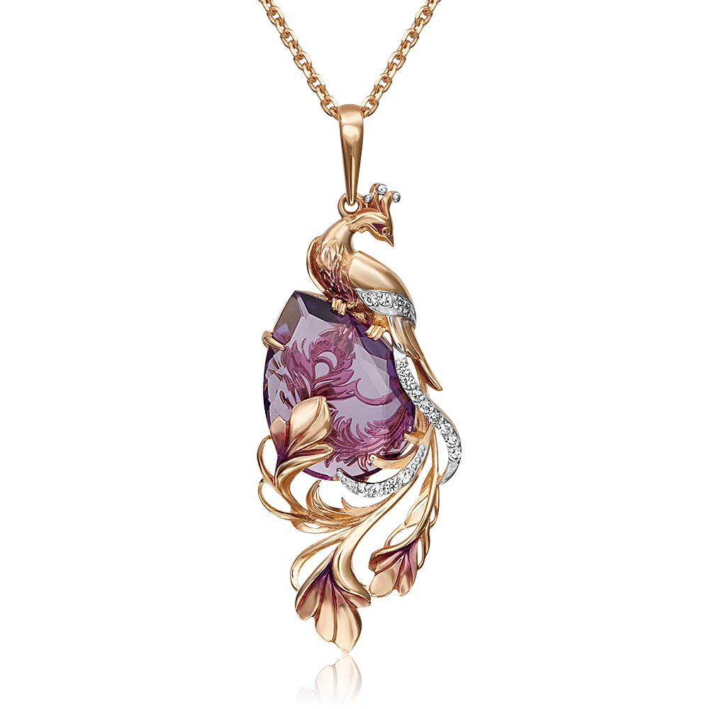 Подвеска «Жар-птица» из красного золота с аметистом, натуральными топазами white и эмалью 03-3086-00-225-1110-46