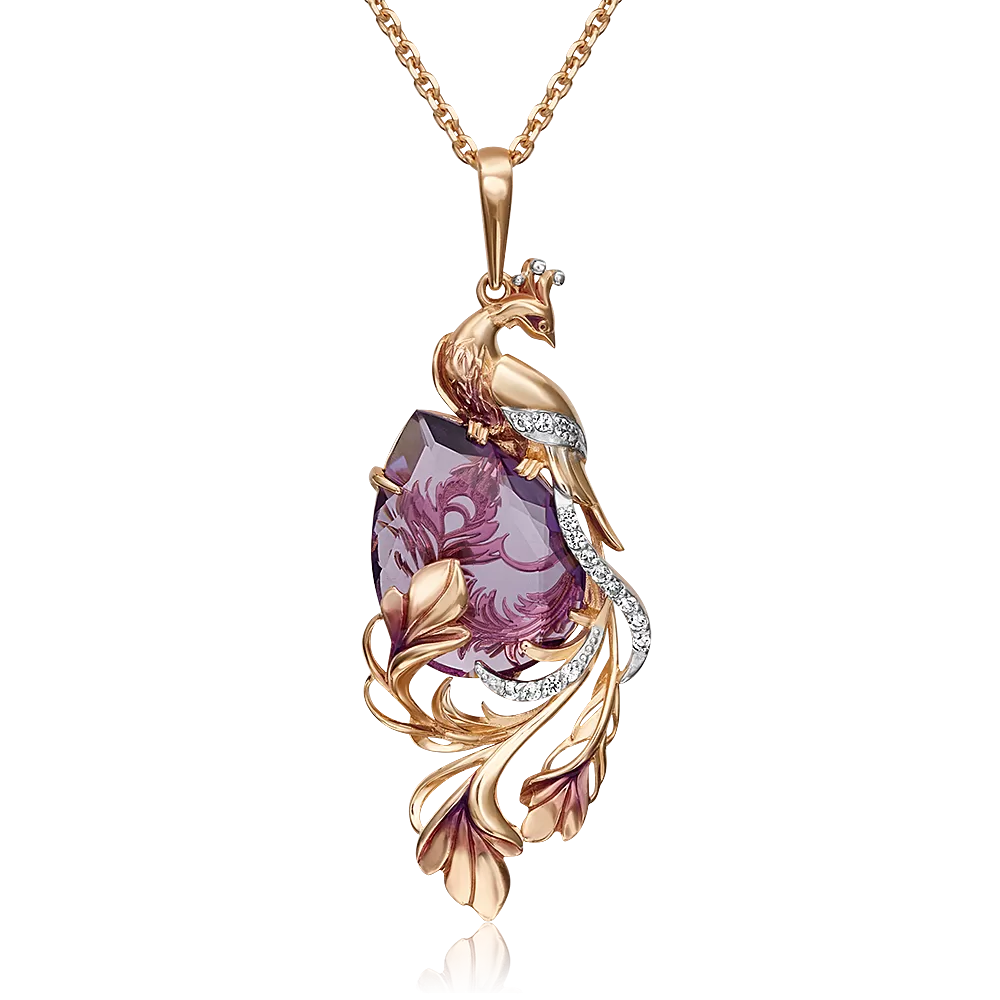 Подвеска «Жар-птица» из красного золота с аметистом, натуральными топазами white и эмалью 03-3086-00-225-1110-46