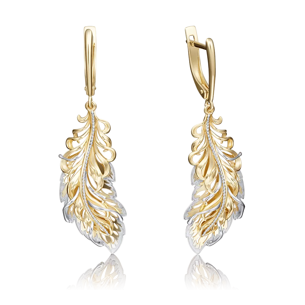 Серьги «Перья Жар-птицы» с английским замком из лимонного золота 02-4154-00-000-1130
