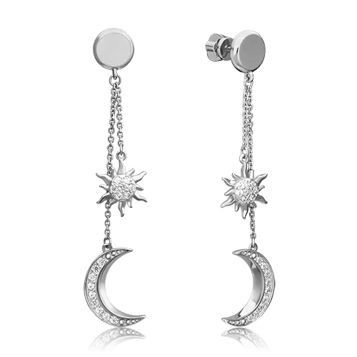 Серьги-пусеты «Луна и Солнце» из белого золота с фианитами 02-4460-00-401-1120-42