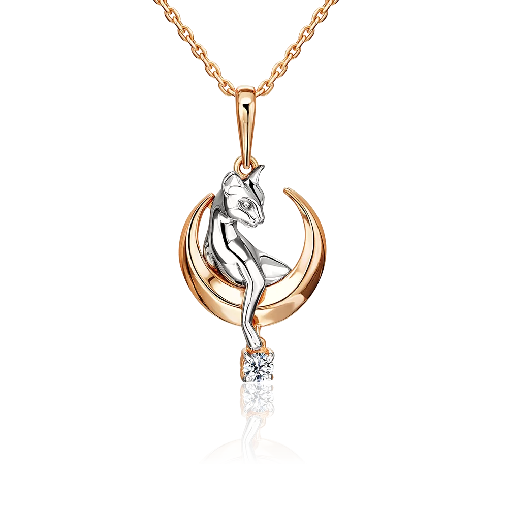 Подвеска «Лунная кошка» из комбинированного золота с фианитом 03-3591-00-401-1111