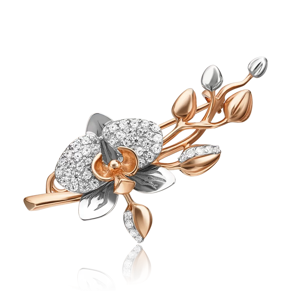 Брошь «Орхидея» из комбинированного золота с фианитами 04-0214-00-401-1111-48