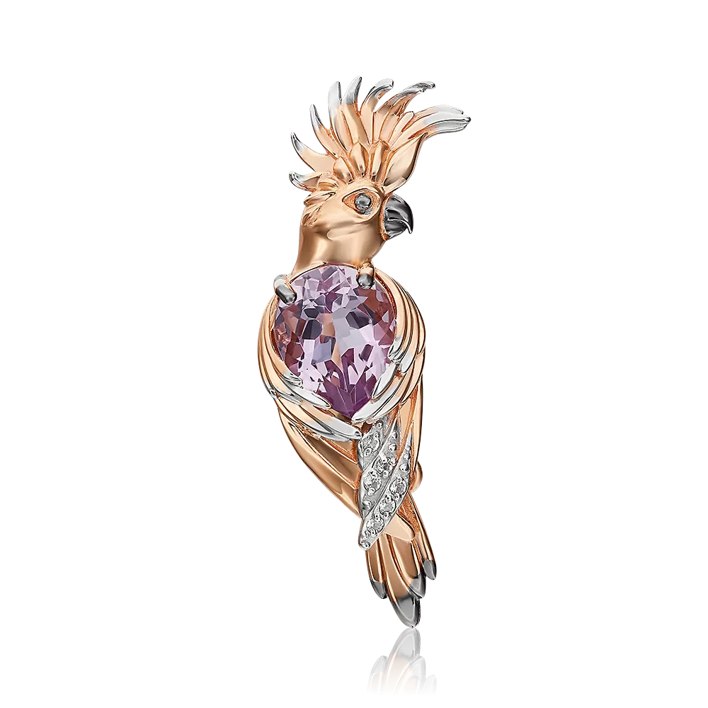 Брошь «Попугай Какаду» из красного золота с аметистом и натуральными топазами white 04-0229-00-225-1110-57