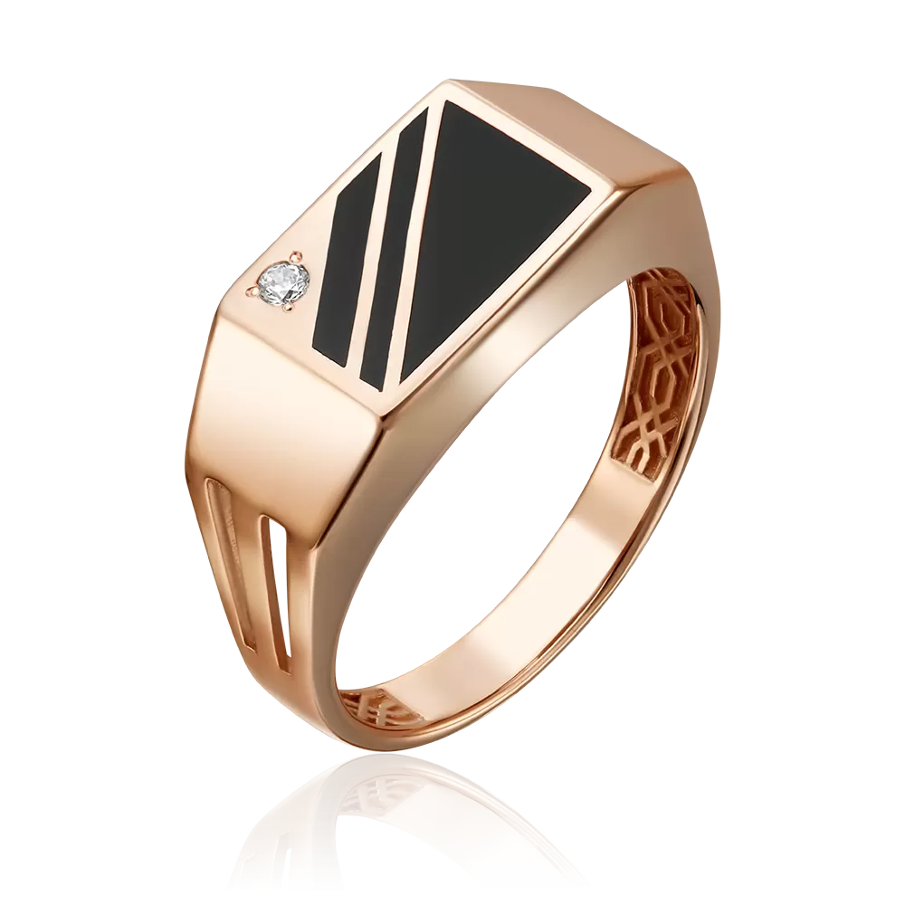 Печатка из красного золота с фианитом и эмалью 01-4452-00-401-1110-25