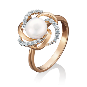 Кольцо из красного золота с жемчугом культивированным и фианитами 01-4458-00-302-1110-23