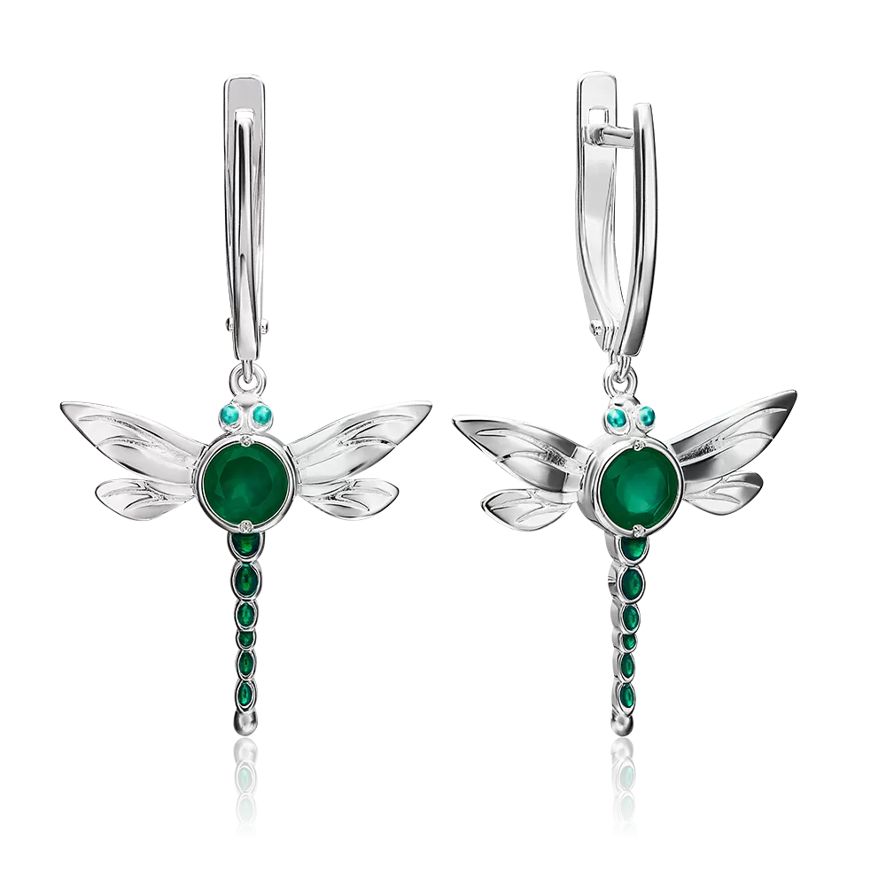 Серьги «Стрекозы» с английским замком из серебра с халцедоном и эмалью 02-4638-00-274-0200-68