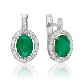Серьги с английским замком из белого золота с изумрудом и бриллиантами