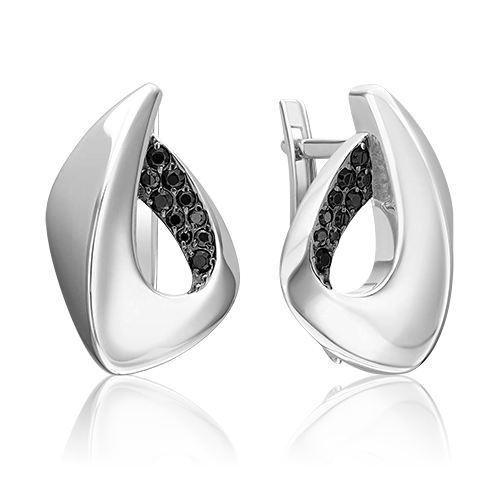 Серьги с английским замком из серебра с чёрными фианитами 02-5075-00-402-0200