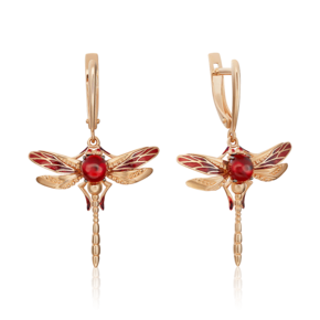 Серьги «Стрекозы» с английским замком из красного золота с гранатом и эмалью 02-4685-00-204-1110-57