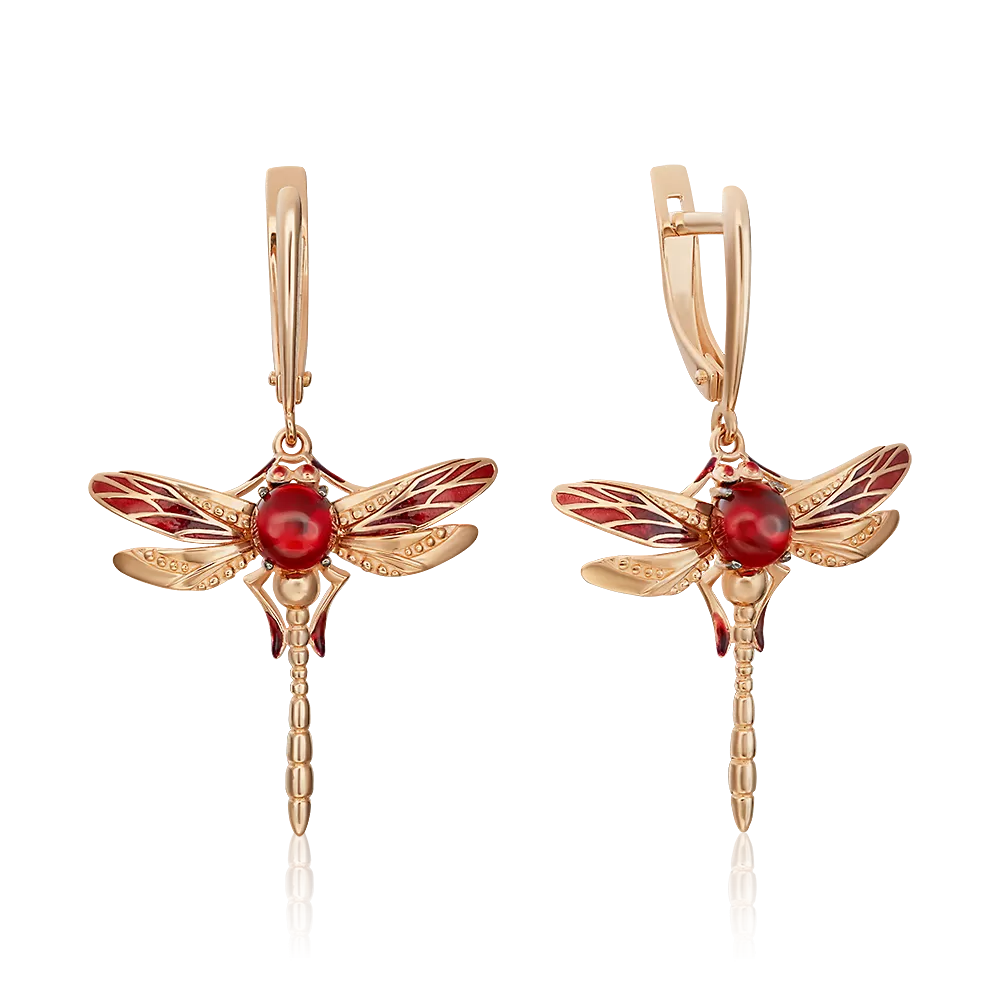 Серьги «Стрекозы» с английским замком из красного золота с гранатом и эмалью 02-4685-00-204-1110-57