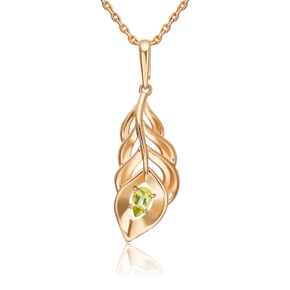 Подвеска «Перо сказочной птицы» из красного золота с хризолитом 03-3655-00-205-1110