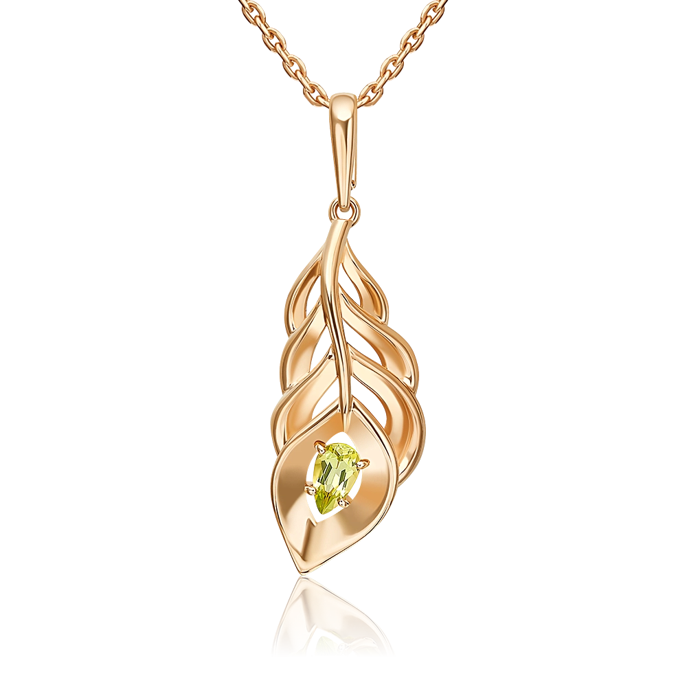 Подвеска «Перо сказочной птицы» из красного золота с хризолитом 03-3655-00-205-1110