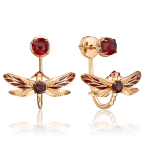 Серьги-джекеты «Стрекозы» из красного золота с гранатами и эмалью 02-4693-00-204-1110-57