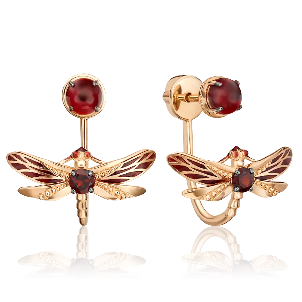 Серьги-джекеты «Стрекозы» из красного золота с гранатами и эмалью 02-4693-00-204-1110-57