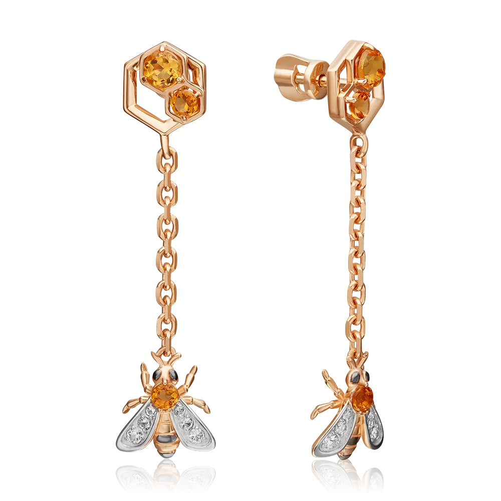 Серьги-пусеты «Пчёлы на сотах» из красного золота с цитринами и натуральными топазами white 02-4684-00-282-1110-57