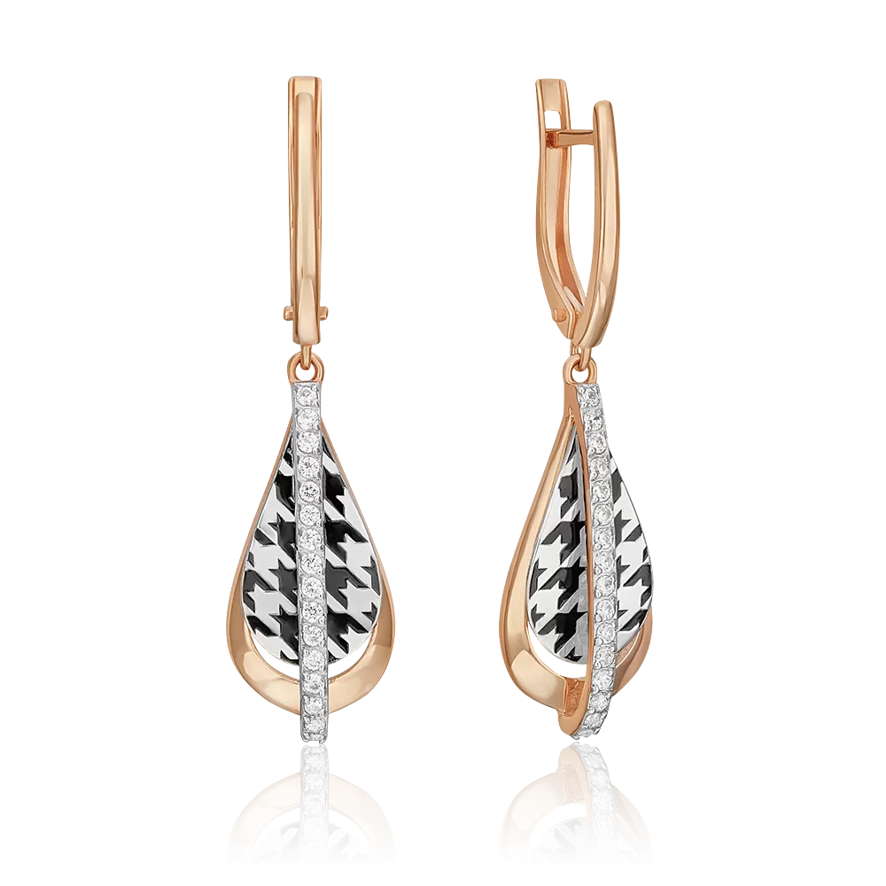 Серьги с принтом «Гусиная лапка» из комбинированного золота с фианитами и эмалью 02-5203-00-401-1111