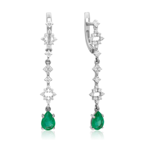 Серьги с английским замком из белого золота с изумрудом и бриллиантами