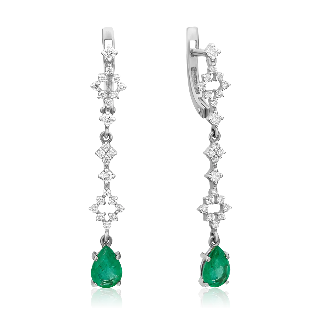 Серьги с английским замком из белого золота с изумрудом и бриллиантами 02-0655-00-106-1120-30