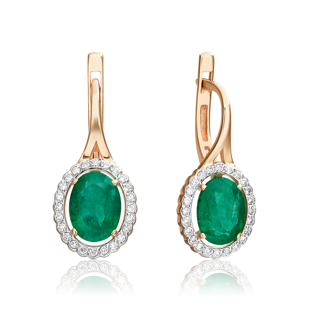 Серьги с английским замком из красного золота с изумрудом и бриллиантами 02-0717-00-106-1110-30